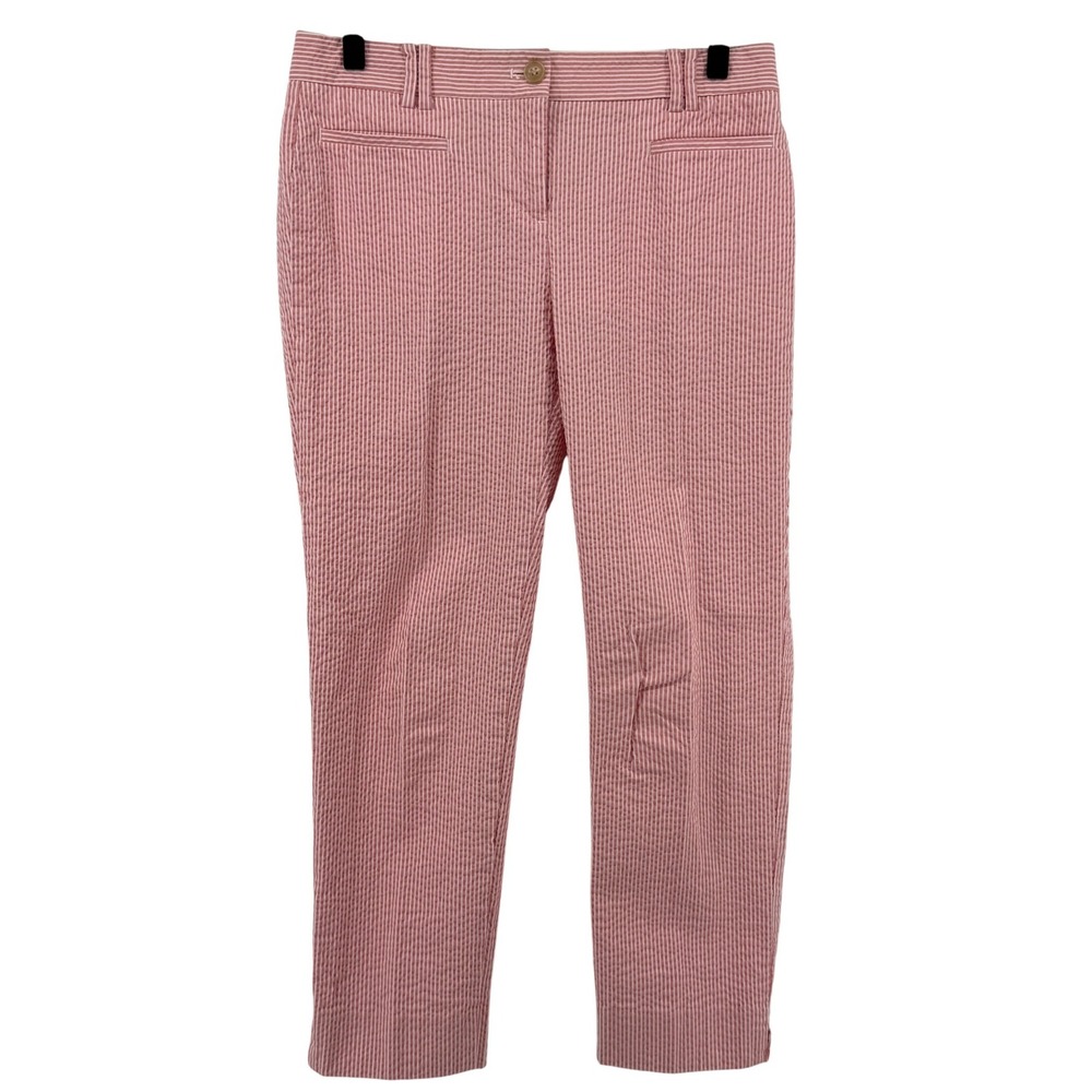 Ann Taylor Seersucker Cotton Crop Ankle Pant Pink White Women 0 Coastal Preppy